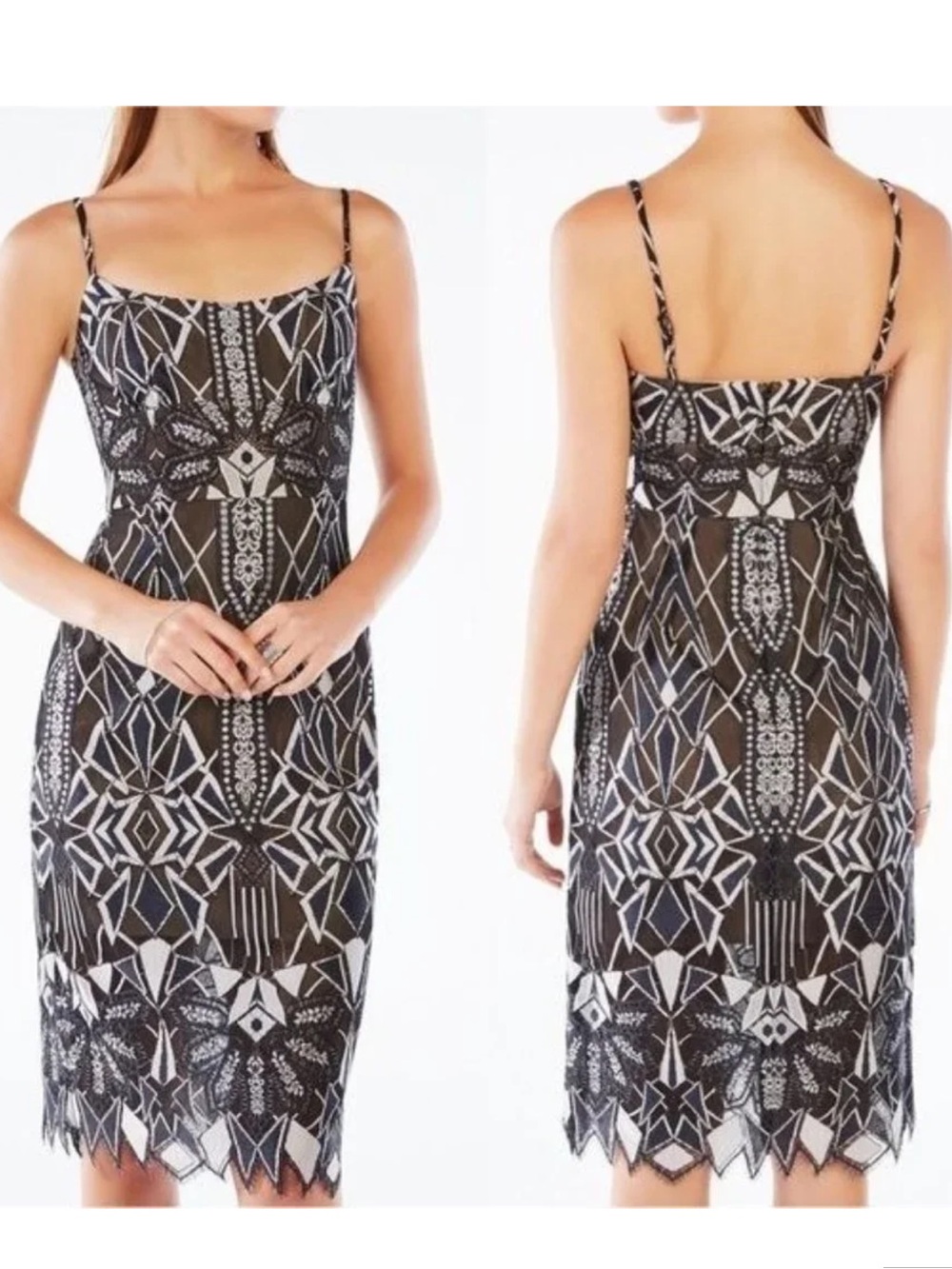 BCBGMaxAzria Black and Silver Metallic Geometric Lace Midi Dress